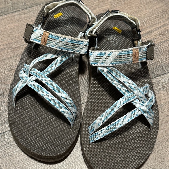 Women's Sandals with Blue and White Patterned Straps - Picture 1 of 6